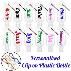 2 x personalised empty sanitiser bottle 50ml/  Refillable bottle with flip on lid and  Clip