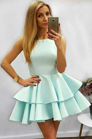 A-Line Halter Short Sleeveless Mint Satin Homecoming Dress with Ruffles PD085