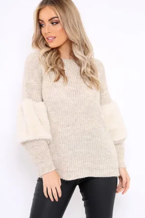 Beige Chunky Knit Fur Sleeve Jumper - Kimberly