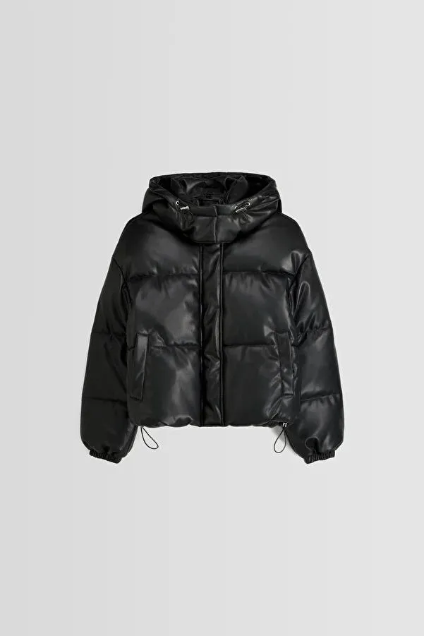 Bershka Women's Faux Leather Hooded Puffer Coat