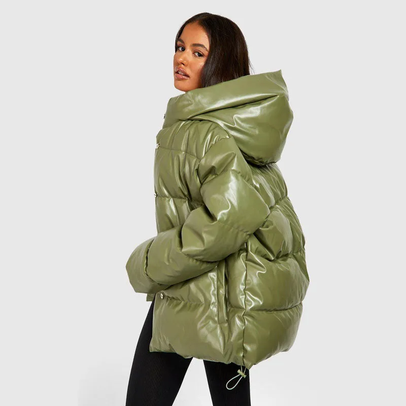 Best Winter Bubble Oversized Faux Leather Puffer Jacket For Sale