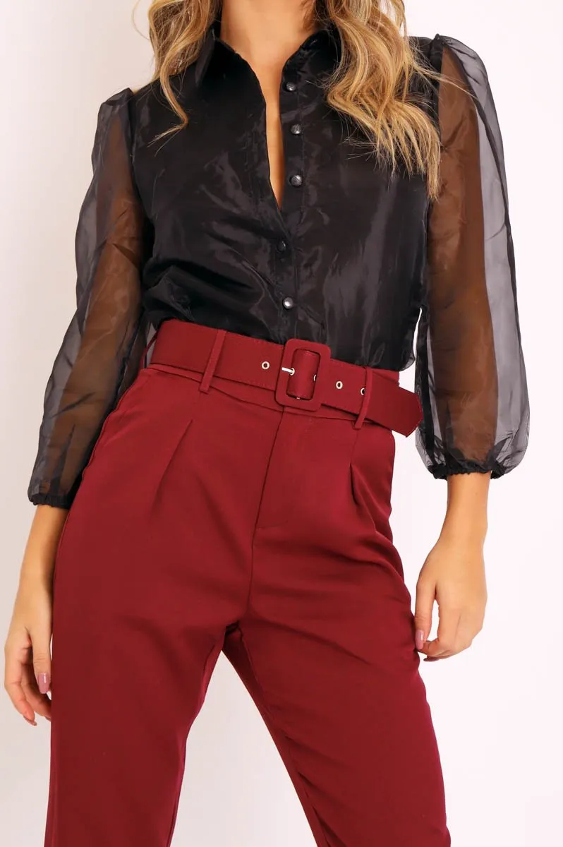 Black Sheer Organza Sleeve Button Front Shirt - Ciena