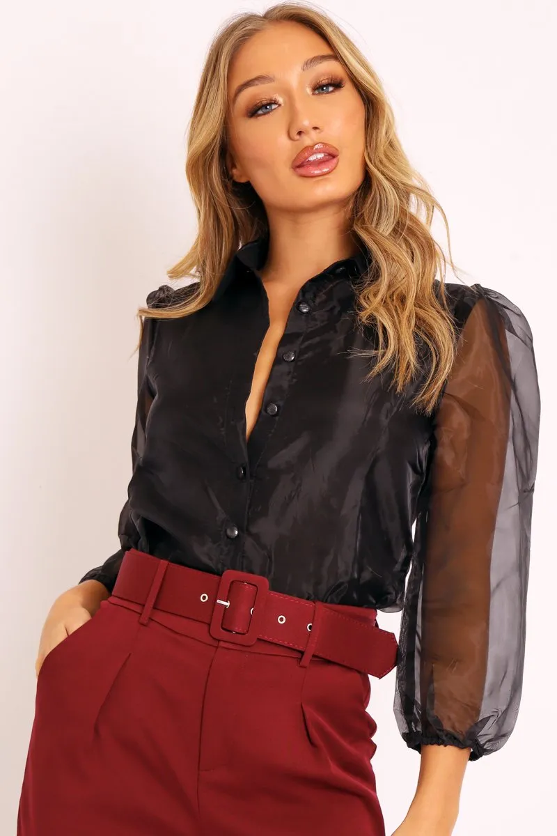 Black Sheer Organza Sleeve Button Front Shirt - Ciena