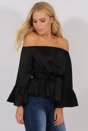 Black Silk Bardot Bell Sleeves Top - Fawn