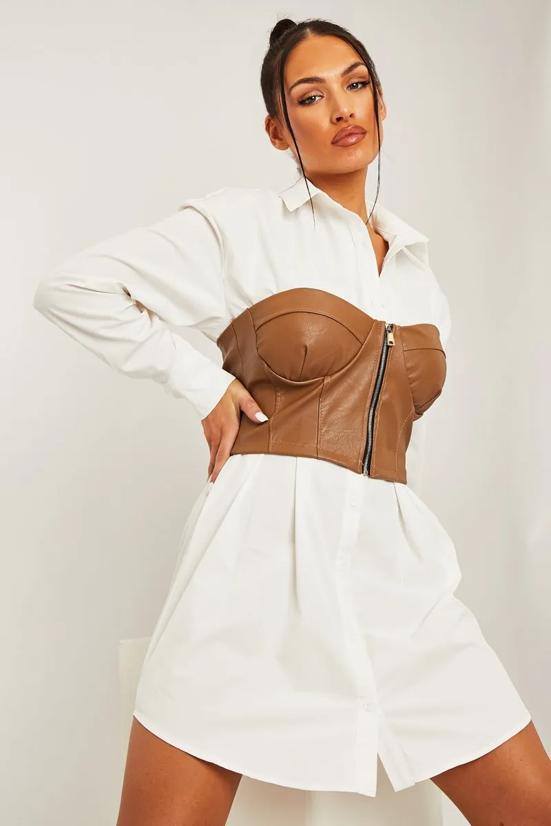 Camel Faux Leather Zip Front Corset Top - Karolina