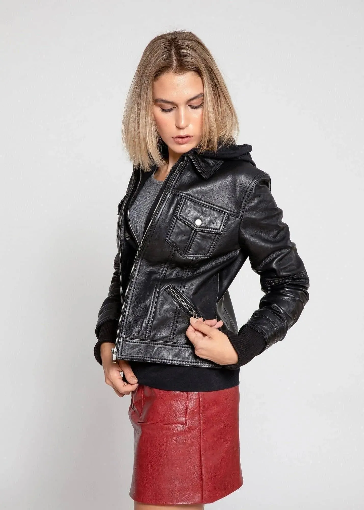 Fadcloset, Annalise Womens Leather Jacket Fleece Inner with Hoodie