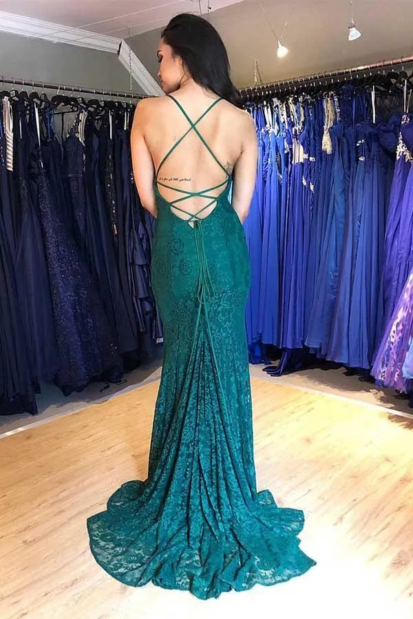 Fashion Green Lace Lace-up Mermaid Prom Evening Dress  PSK034