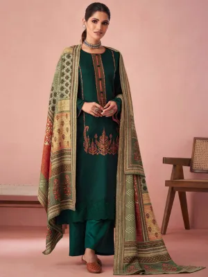 Green Pashmina Twill Embroidered Unstitched Winter Suit Set