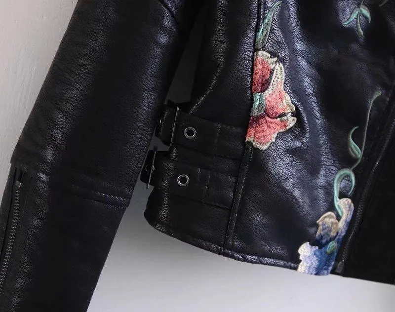 High Street Floral Embroidery Leather Jacket