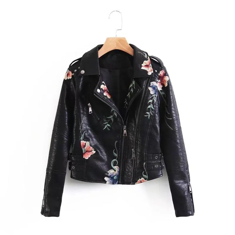 High Street Floral Embroidery Leather Jacket