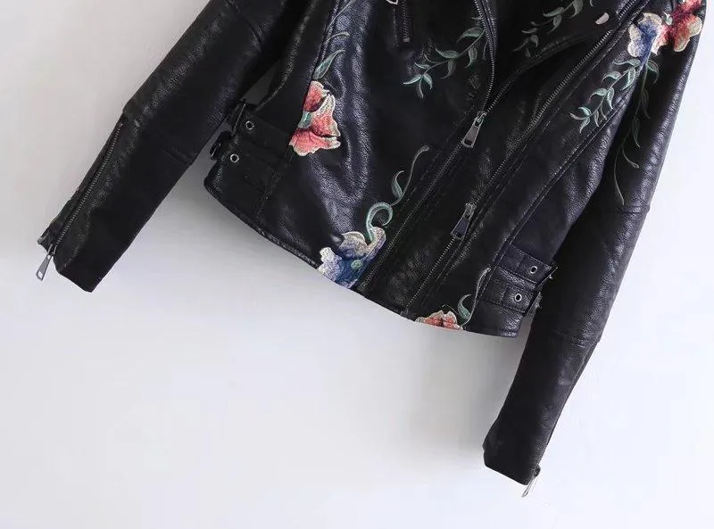 High Street Floral Embroidery Leather Jacket