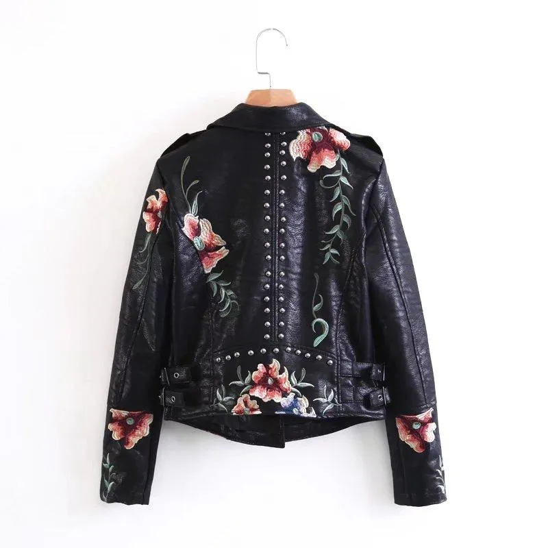 High Street Floral Embroidery Leather Jacket