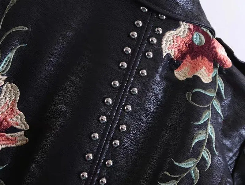 High Street Floral Embroidery Leather Jacket