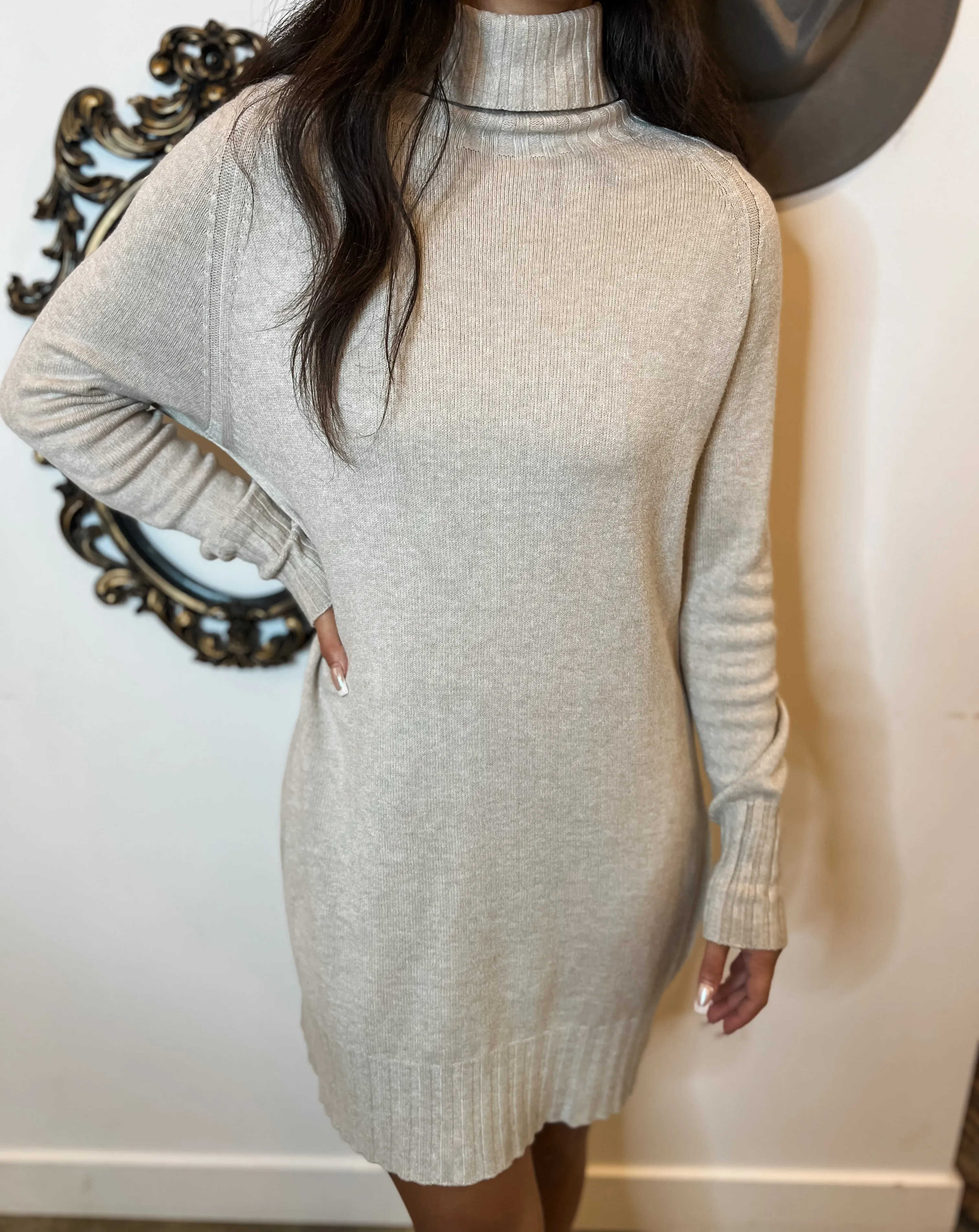 Knit Turtleneck Dress - Beige