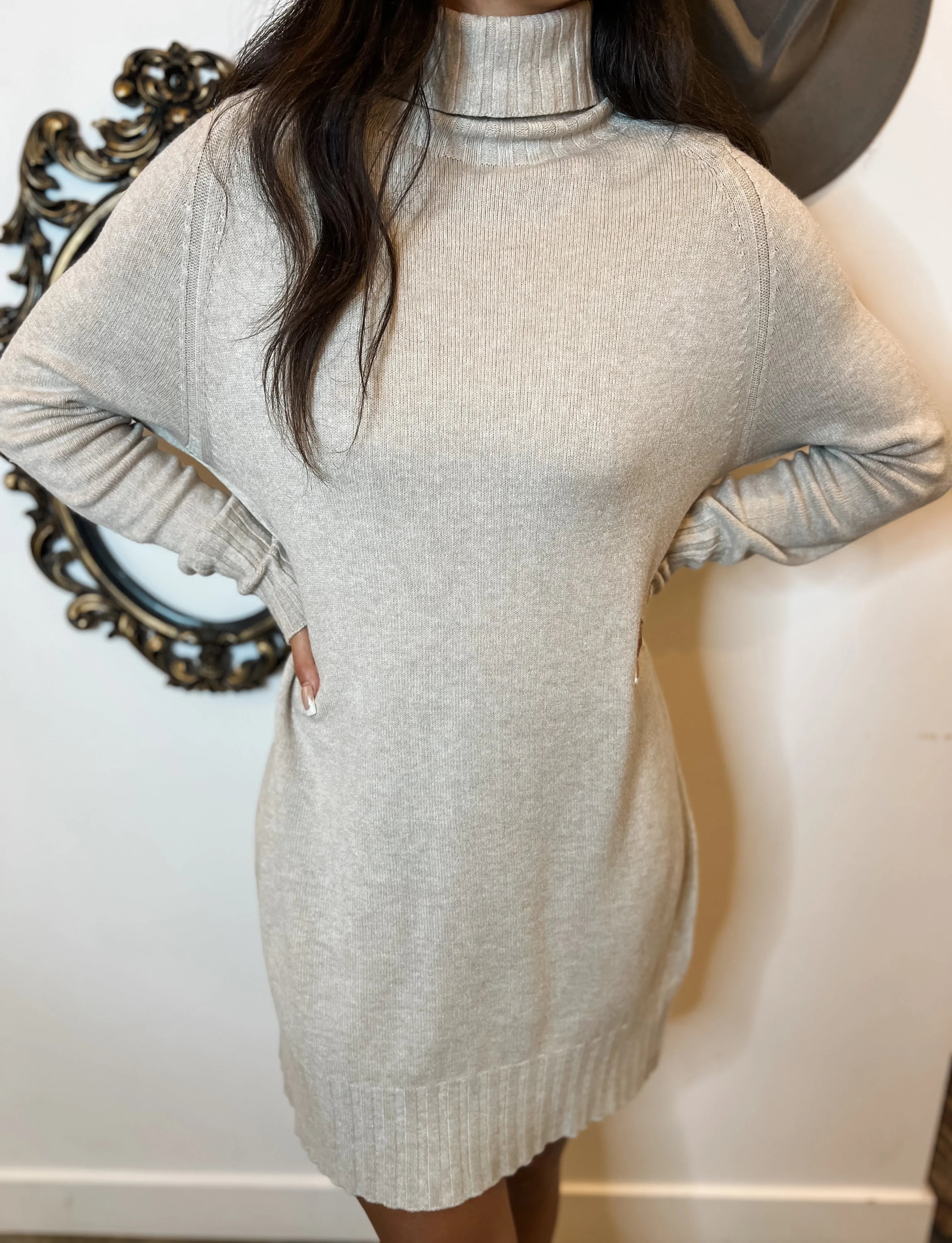 Knit Turtleneck Dress - Beige