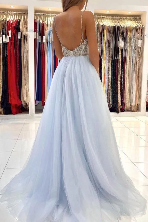 Light Blue Tulle Long Prom Dresses Backless Formal Gown PSK299