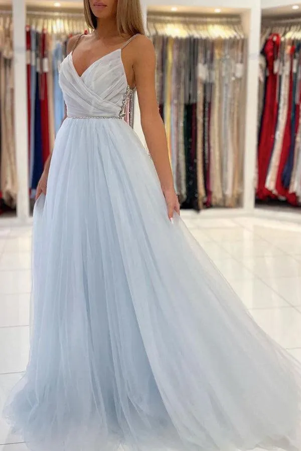 Light Blue Tulle Long Prom Dresses Backless Formal Gown PSK299