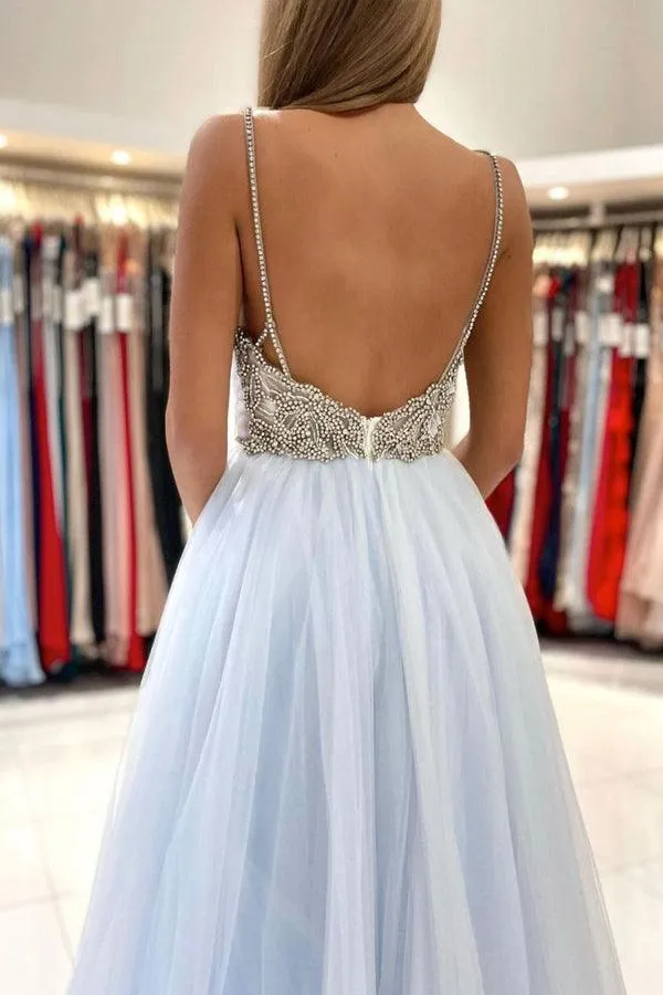 Light Blue Tulle Long Prom Dresses Backless Formal Gown PSK299