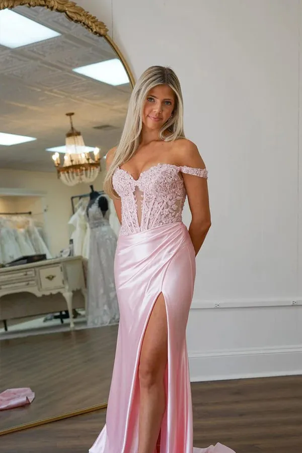 Mermaid Off Shoulder Pink Prom Dress With Appliques  PSK575