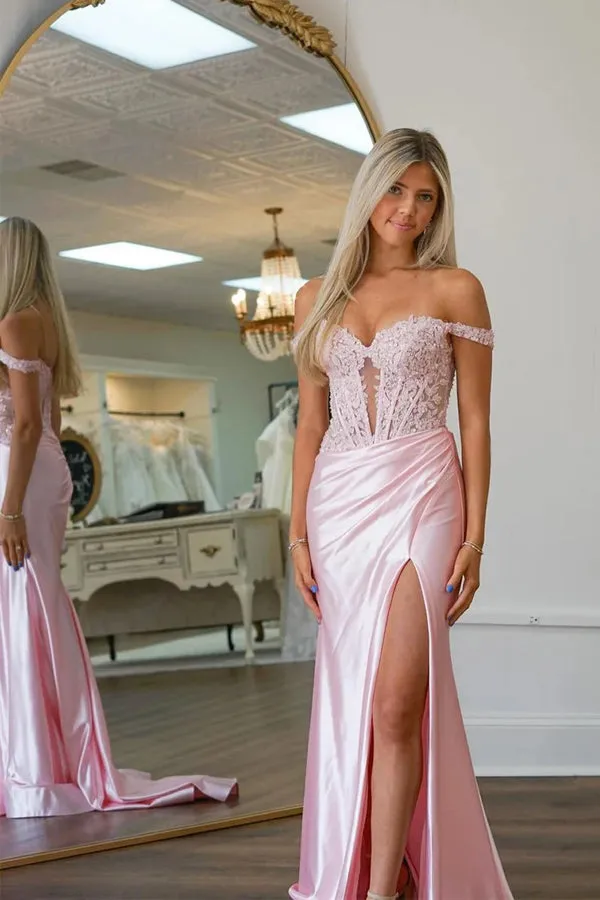 Mermaid Off Shoulder Pink Prom Dress With Appliques  PSK575