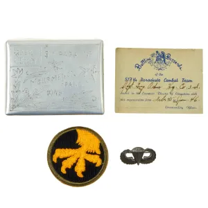 Original U.S. WWII German POW Made Cigarette Case For Ssgt Gregory Oehm of the 517th Parachute Infantry Regiment, 17th Airborne With Jump Wings and Interview Printout - Cigarette Case Constructed From P-51 Mustang Parts