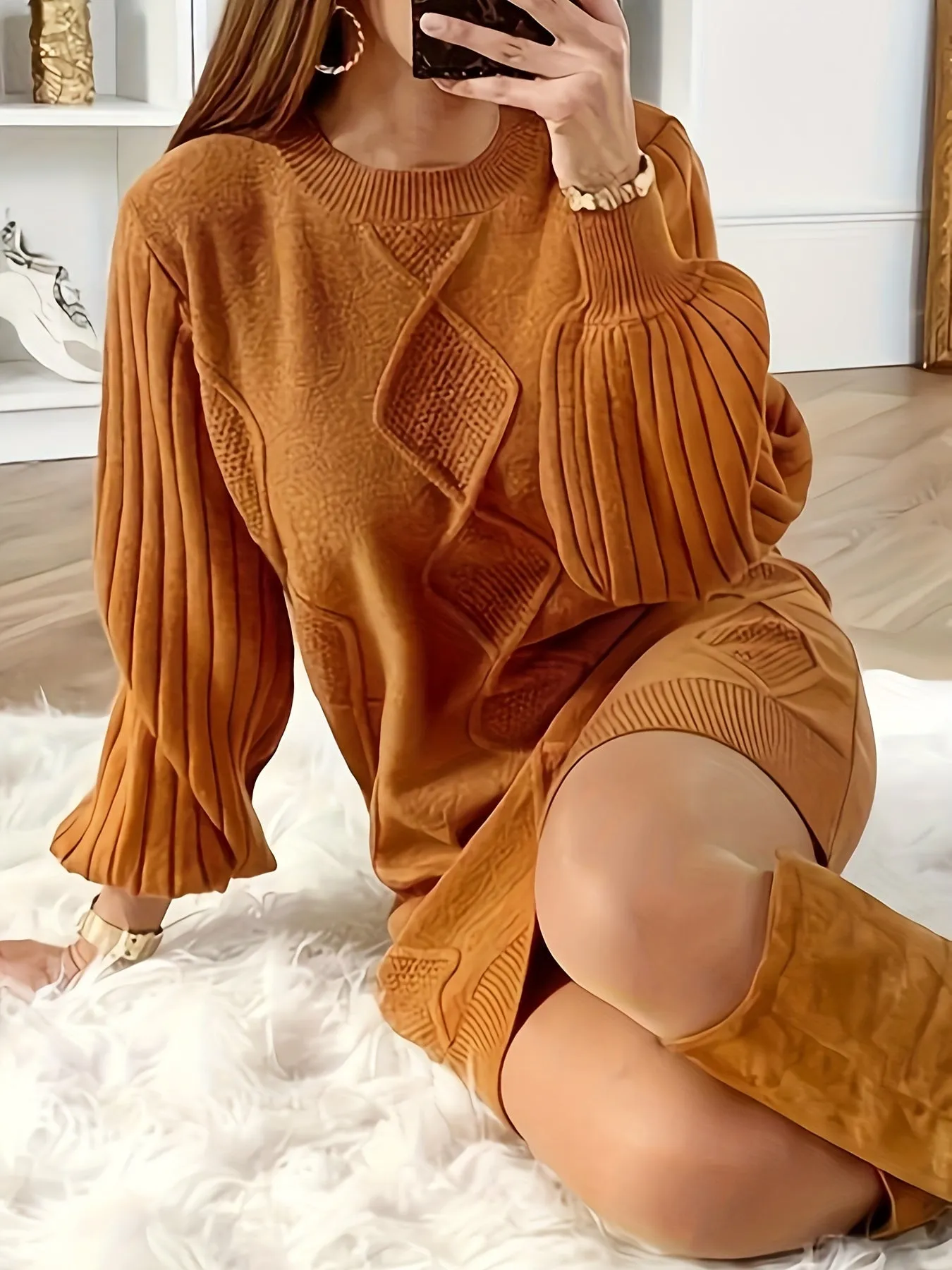 Rich Color Lantern Sleeve Knit Dress - Soft, Cozy, and Effortlessly Casual with Flattering Sleeves and Classic Crew Neck - Perfect for Chilly Fall and Winter Seasons, Designed Exclusively for Women