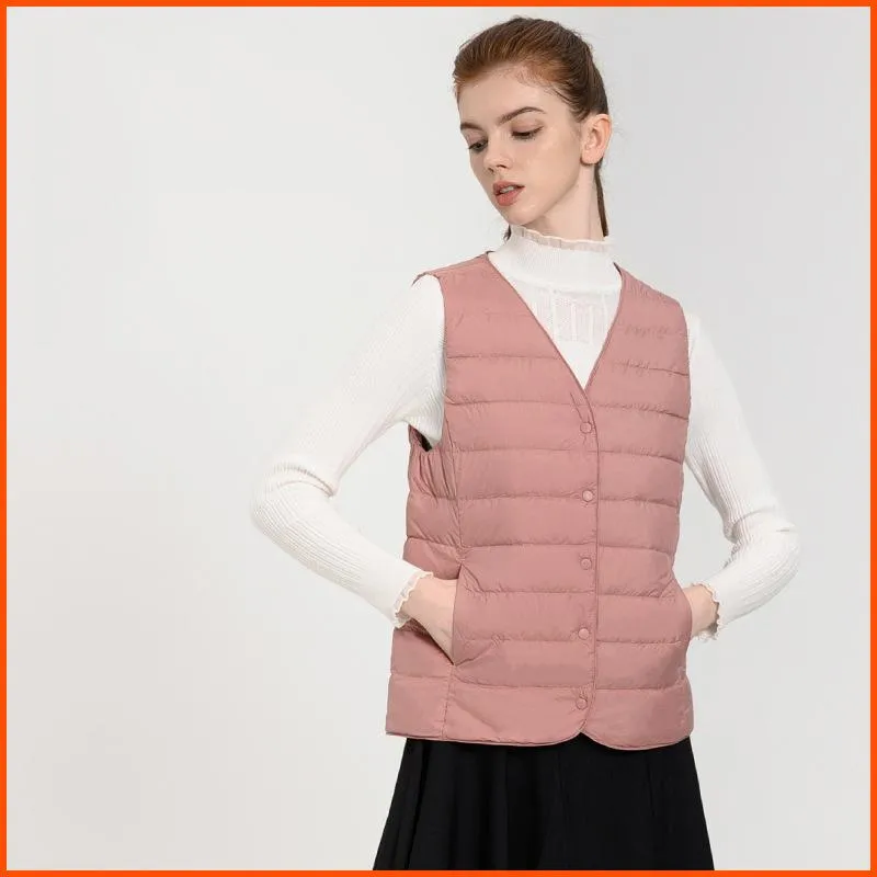 Solid Color Button Front V Neck Down Jacket Vest