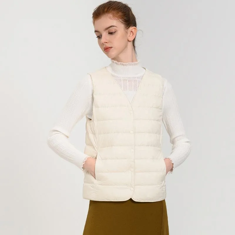 Solid Color Button Front V Neck Down Jacket Vest