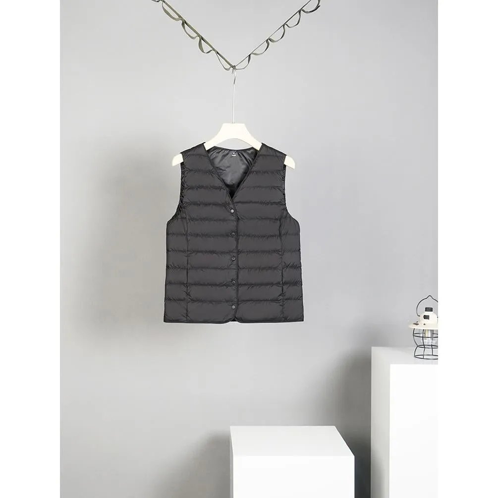 Solid Color Button Front V Neck Down Jacket Vest