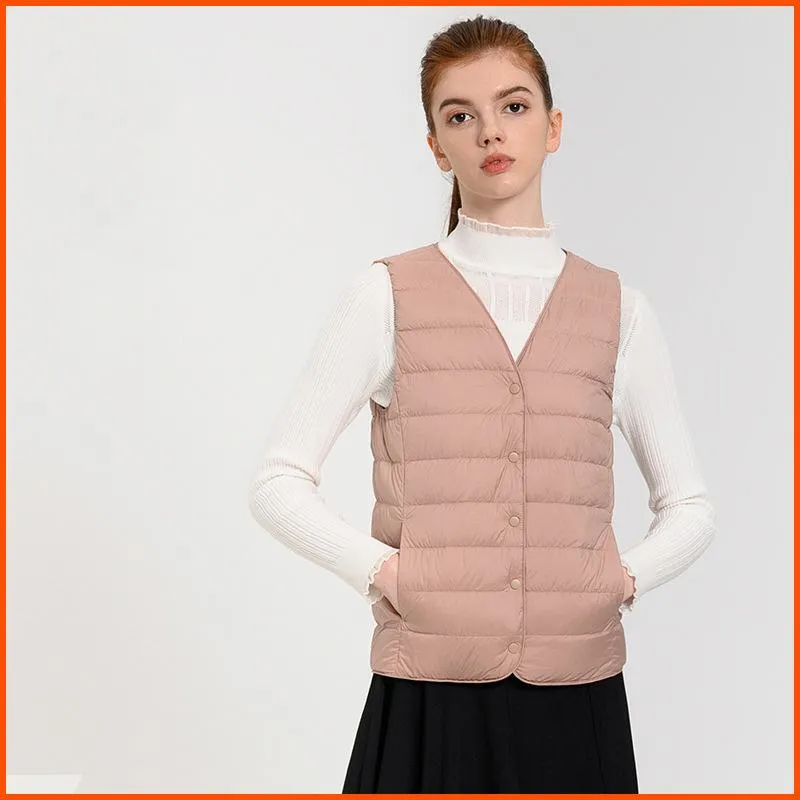 Solid Color Button Front V Neck Down Jacket Vest