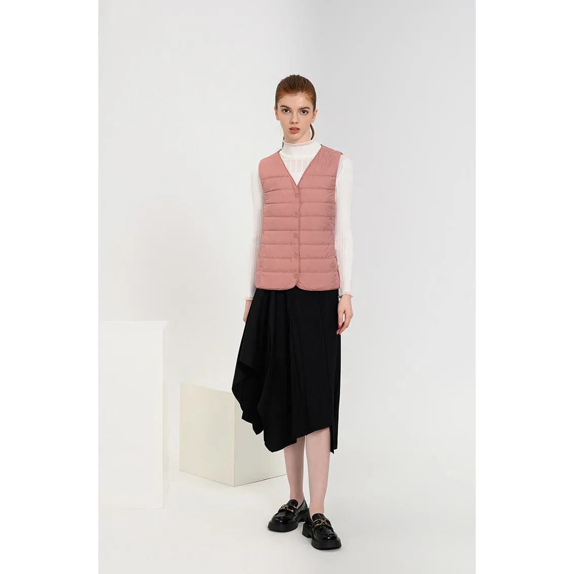 Solid Color Button Front V Neck Down Jacket Vest