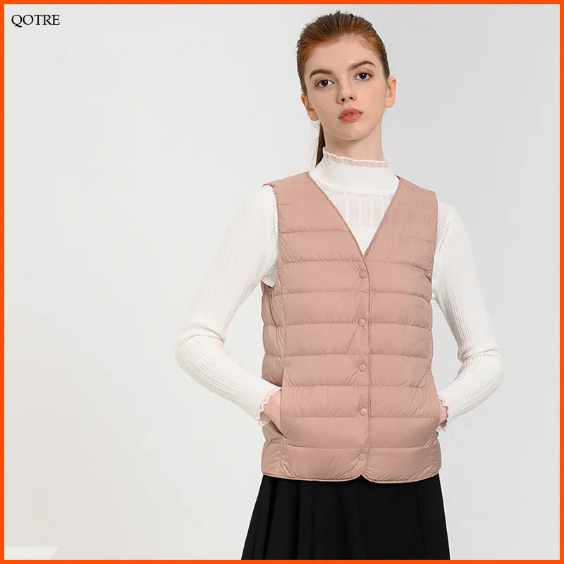 Solid Color Button Front V Neck Down Jacket Vest