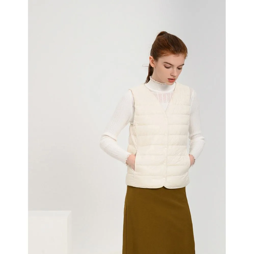 Solid Color Button Front V Neck Down Jacket Vest