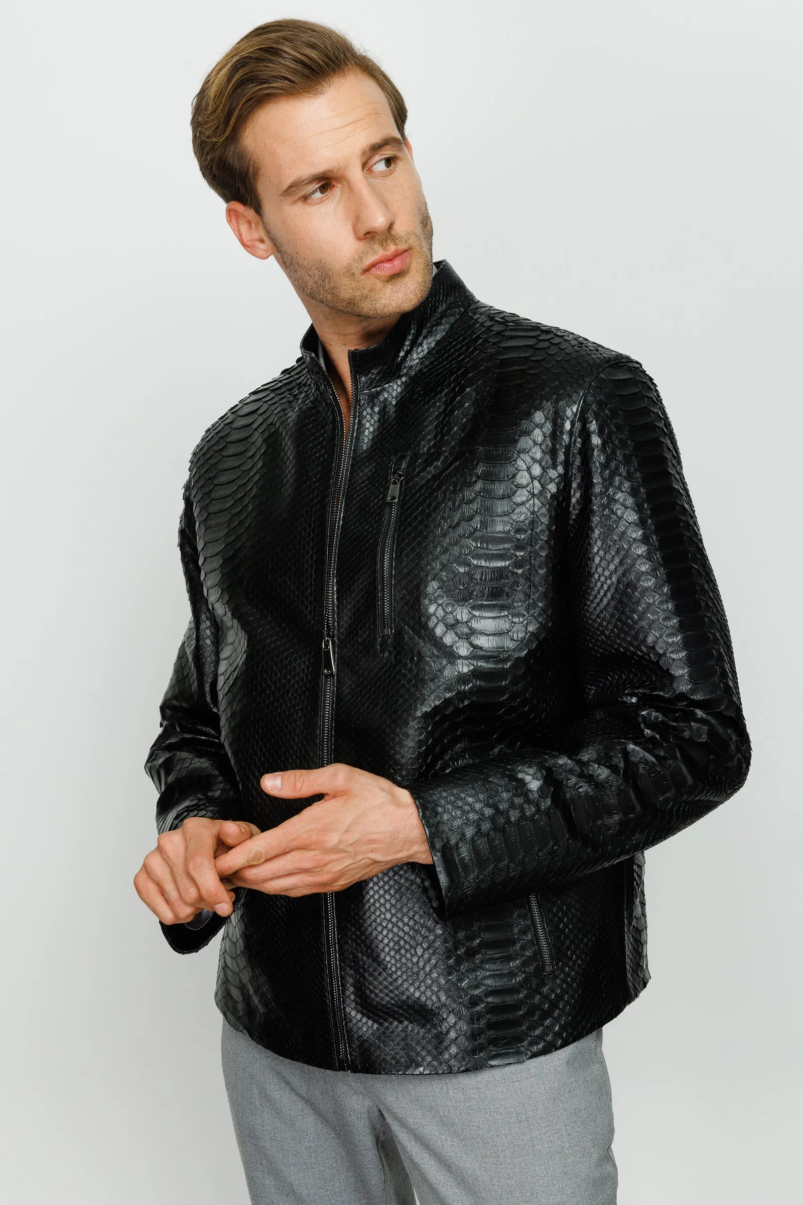 The Boss Pythn Black Leather Men Jacket