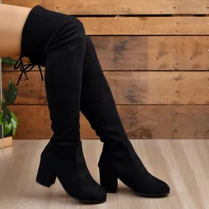 Toleet Black Flock Over The Knee Boots Women Back Lace Up Thick Heeled Long Boots Woman 2023 Autumn Round Toe Thigh High