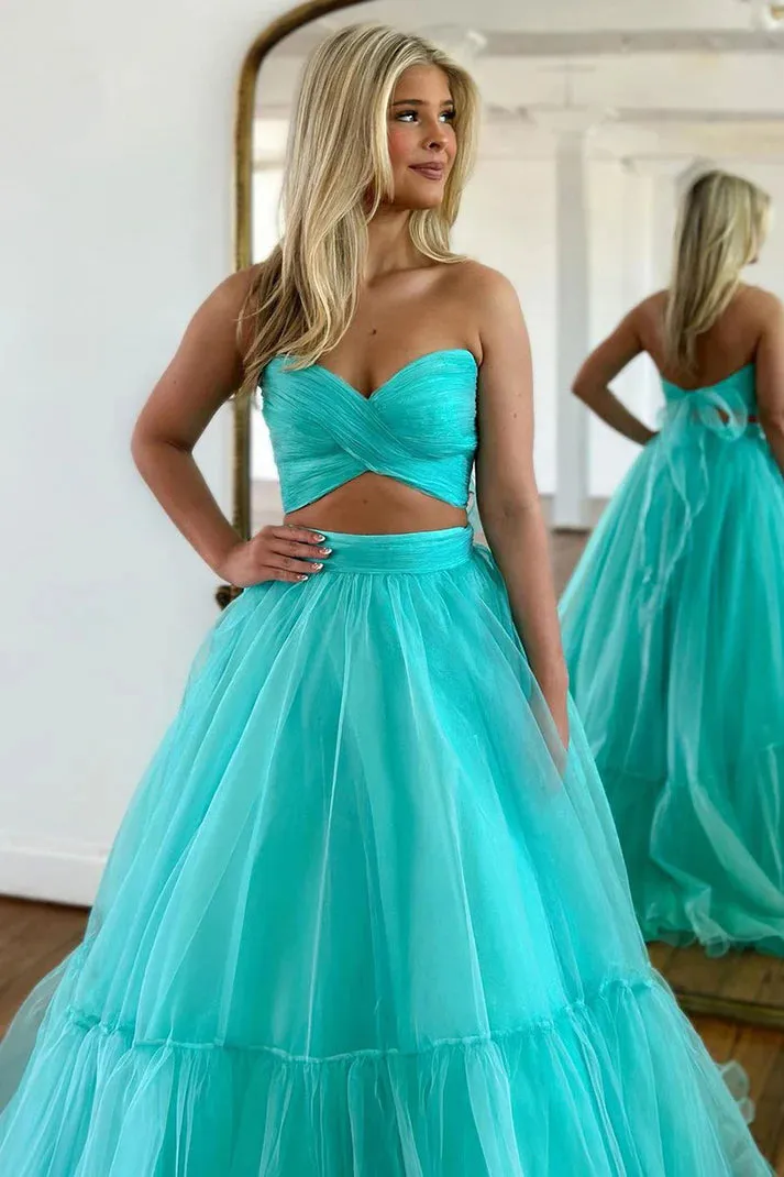 Unique Off Shoulder A-line Mint Green Tulle Prom Long Formal Dress  PSK452