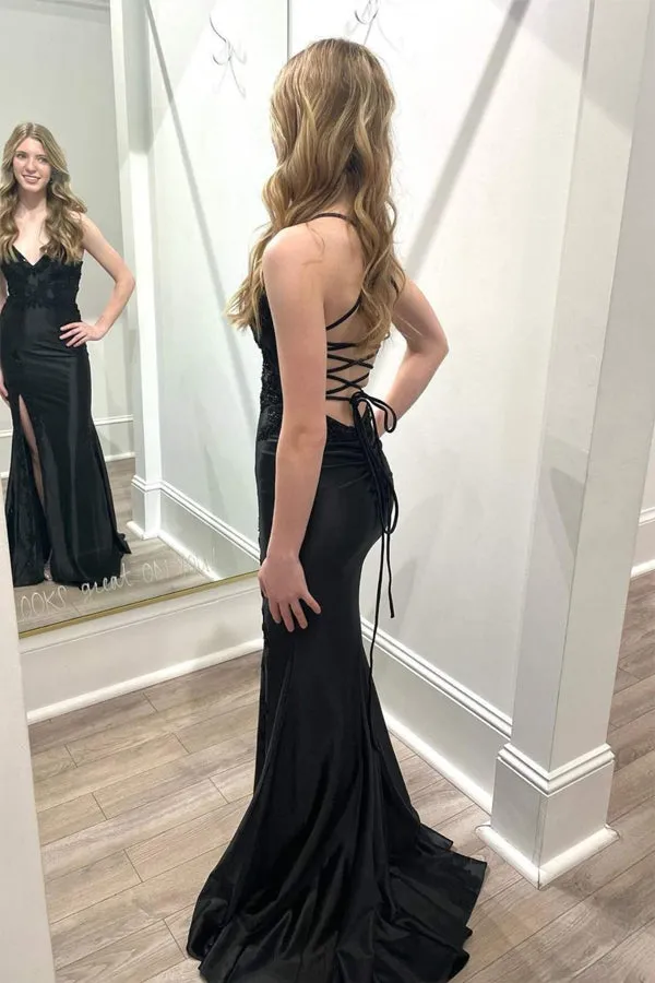 V-Neck Lace-Up Mermaid Black Prom Dress with Slit PSK550