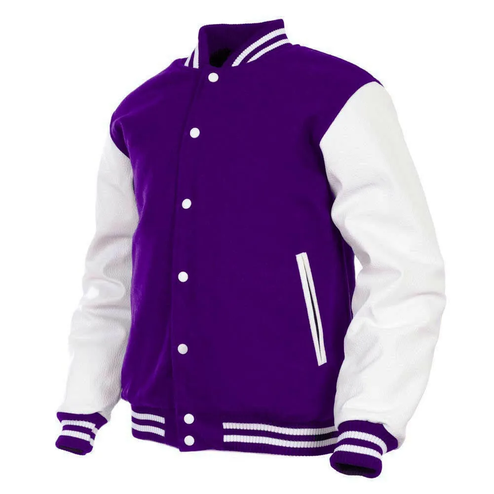 Women Varsity Jacket Wool Genuine Leather Purple/White